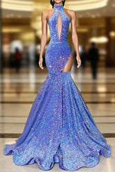 High Neck Sleeveless Illusion Sequined Trumpet Party Semi Formal Prom Evening Dress For Black Women